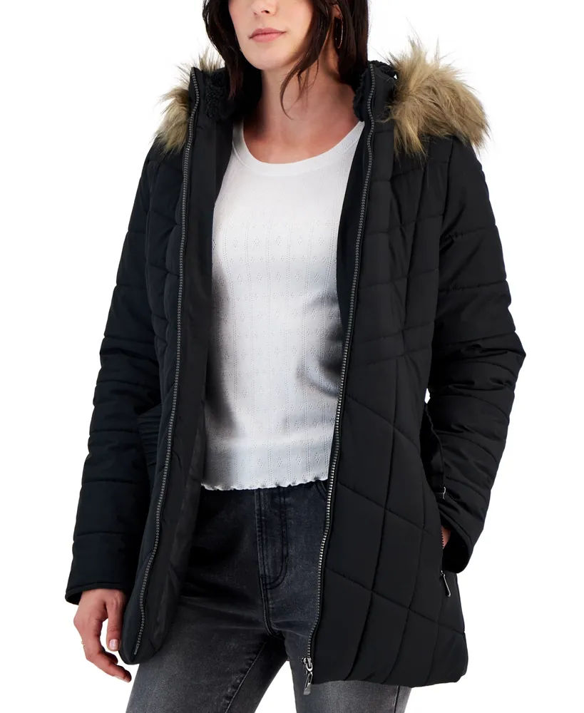 DKNY Belted Faux-fur-trim Hooded Puffer Coat in Black