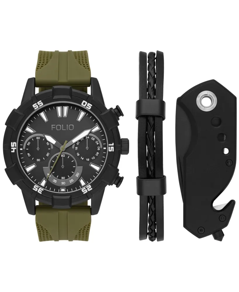 Folio Men's Three Hand Gunmetal 50mm Watch, Bracelet, and Multi-Tool Gift Set, 3 Pieces