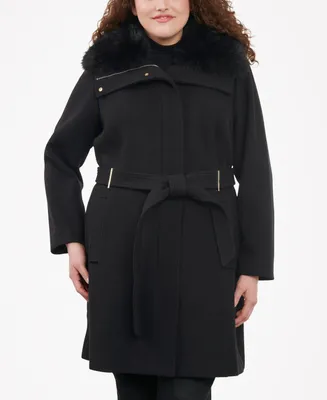 Michael Michael Kors Women's Plus Size Belted Faux-Fur-Collar Coat