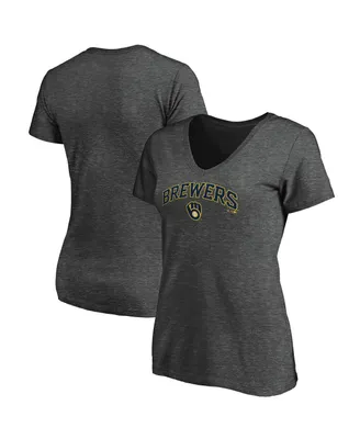 Women's Fanatics Heathered Charcoal Milwaukee Brewers Team Logo Lockup V-Neck T-shirt