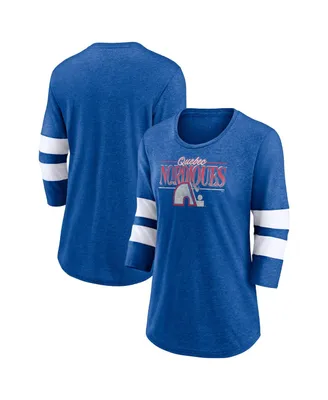 Women's Fanatics Heathered Royal, White Quebec Nordiques Full Shield 3/4 Sleeve Tri-Blend Raglan Scoop Neck T-shirt