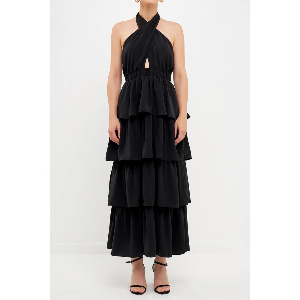 endless rose Women's Crossed Halter Neck Tiered Maxi Dress