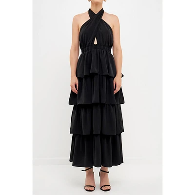 endless rose Women's Crossed Halter Neck Tiered Maxi Dress