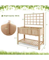 Costway Raised Garden Bed Elevated Wooden Planter Box with Trellis & Open Storage Shelf