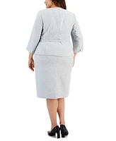 Le Suit Plus Metallic Tweed Belted Jacket & Pencil Skirt