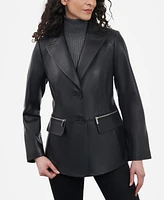 Anne Klein Women's Petite Zip-Pocket Leather Blazer Coat