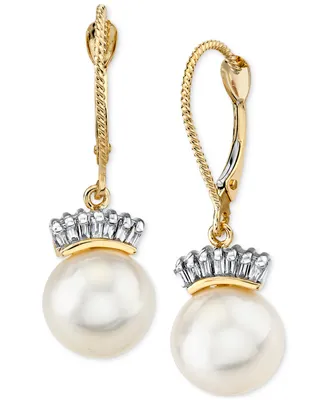 Cultured Freshwater Pearl (9mm) & Diamond (1/5 ct. t.w.) Crown Drop Earrings in 14k Gold