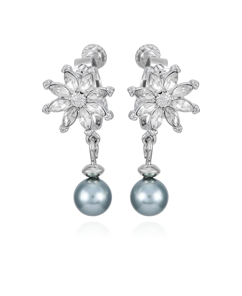 T Tahari Silver-Tone Imitation Glass Pearl Flower Stud Dangle Charm Earrings