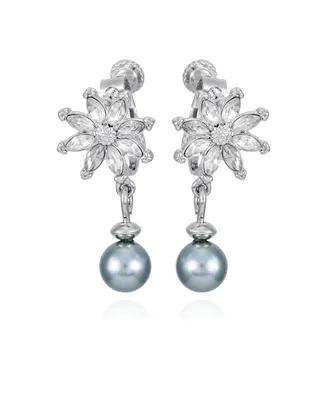 T Tahari Silver-Tone Imitation Glass Pearl Flower Stud Dangle Charm Earrings