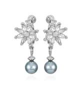 T Tahari Silver-Tone Imitation Glass Pearl Flower Stud Dangle Charm Earrings