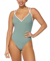 Reebok Women's Twin-Strap Piping-Trim One-Piece Swimsuit