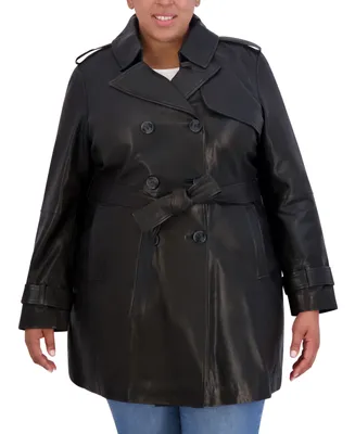 Tahari Womens Plus Size Natalie Belted Leather Trench Coat
