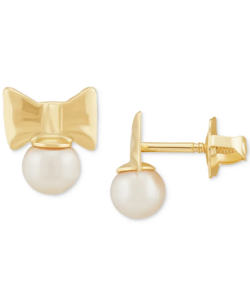 Children's Cultured Freshwater Pearl (3-3/4mm) Bow Stud Earrings in 14k Gold