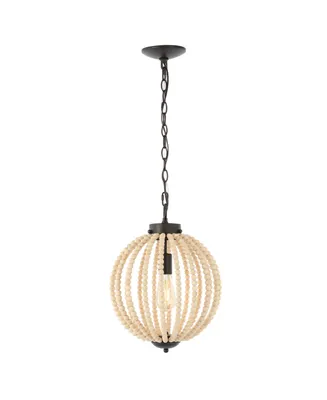 Abril 12.5" 1-Light Rustic Bohemian Iron, Wood Bead Led Pendant