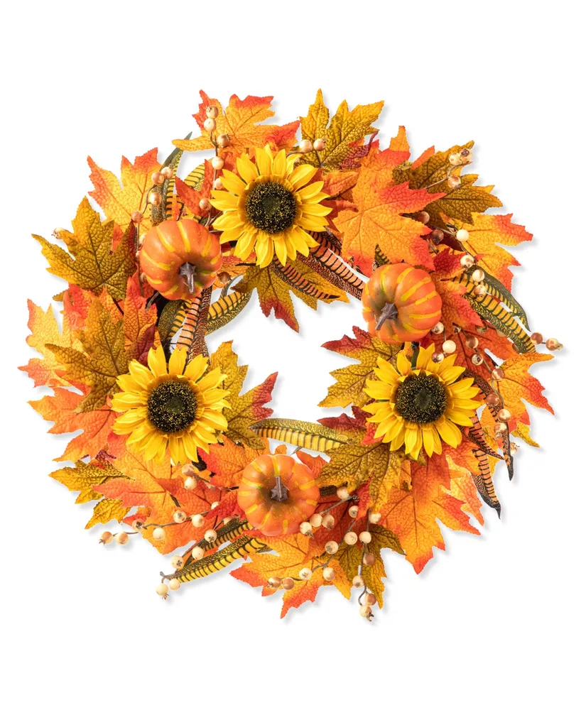 Glitzhome 24" D Fall Sunflower Pumpkin Leaf Wreath