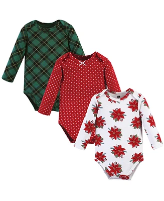 Hudson Baby Baby Girls Cotton Long-Sleeve Bodysuits, Poinsettia, 3-Pack