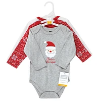 Hudson Baby Unisex Cotton Long-Sleeve Bodysuits, Santa Reindeer, 3-Pack