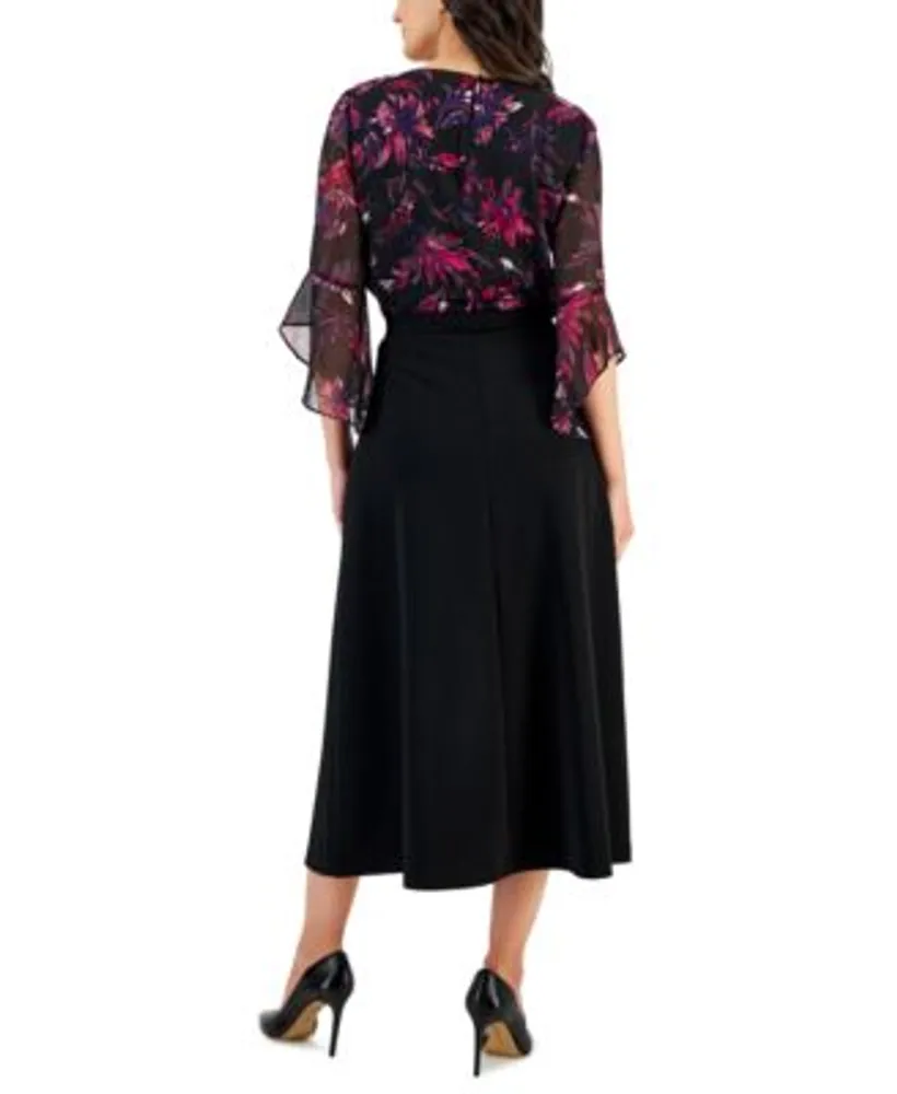 Kasper Womens Printed Ruffle Sleeve Blouse Crosshatch Midi Skirt