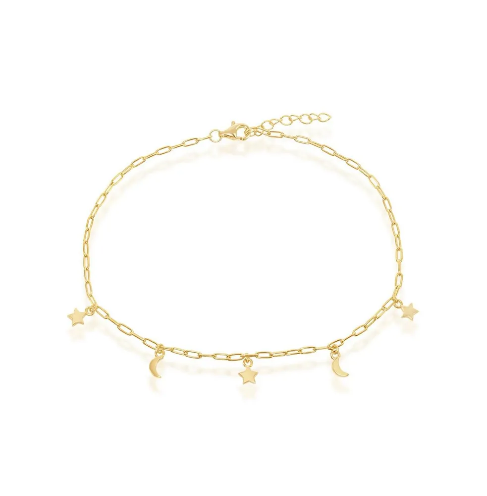 Sterling Silver Moon & Star Charms Paperclip Anklet - Gold Plated