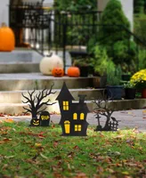 Glitzhome 24" H Halloween Metal Haunted House and Ghost Tree Yard Stake Decor, Set of 3