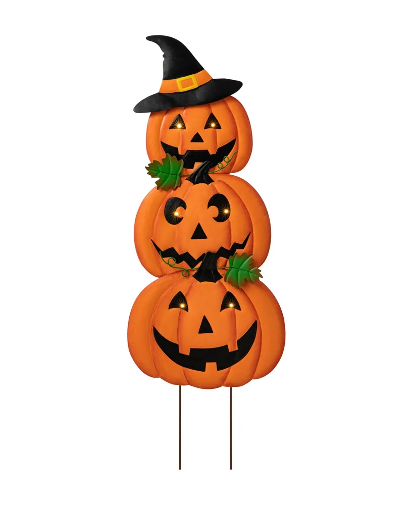 Glitzhome 39.75" H Halloween Lighted Metal Stacked Jack-o-Lantern Yard Stake, Set of 3