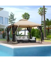 Outsunny 10' x 10 Steel Outdoor Patio Gazebo Canopy with Privacy Mesh Curtains, Weather-Resistant Roof, & Storage Trays
