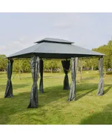 Outsunny 10' x 13' Outdoor Soft Top Gazebo Pergola with Curtains, 2-Tier Steel Frame Gazebo for Patio, Sage Grey