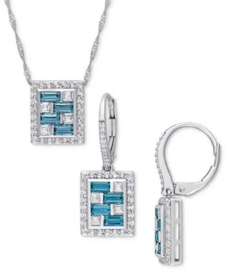 Blue Topaz White Topaz Checkerboard Earring Necklace Collection In Sterling Silver
