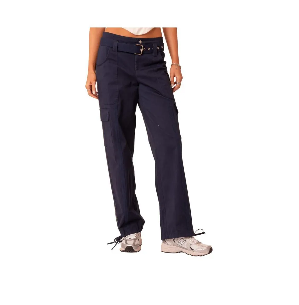 Women's Drill Cargo Pants With Big Pockets, Separate Belt, Woven Tape Detail And Zippers The Hem