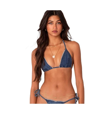 Edikted Women's Denim Bikini With Distressed Neckline Top