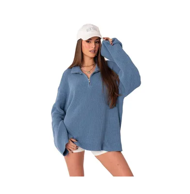 Women's Oversized Quarter Zip High Neck Rib Sweater
