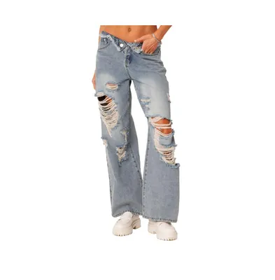 Women's Foldover Waist Jeans With Row Hem And Distressed Details