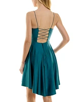 City Studios Juniors' Plunge-Neck Lace-Up Skater Dress