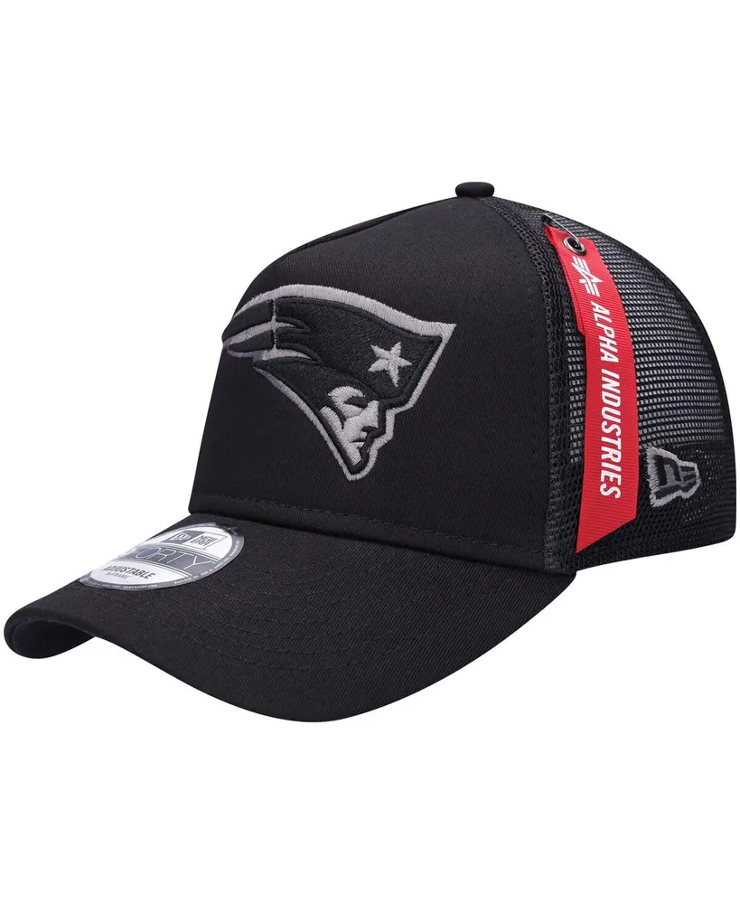 Men's New Era x Alpha Industries Black New England Patriots A-Frame 9FORTY Trucker Snapback Hat