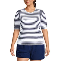 Lands' End Plus Crew Neck Elbow Sleeve Rash Guard Upf 50 Sun Protection Modest Swim Tee Print