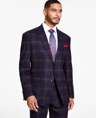 Tayion Collection Men's Classic-Fit Navy & Burgundy Plaid Suit Separates Jacket