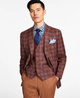 Tayion Collection Men's Classic-Fit Brown & Blue Plaid Suit Separates Jacket