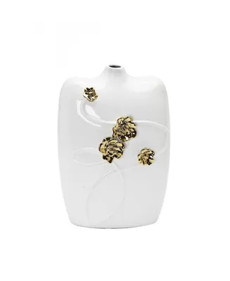 White Ceramic Vase Gold-Tone Flower Design