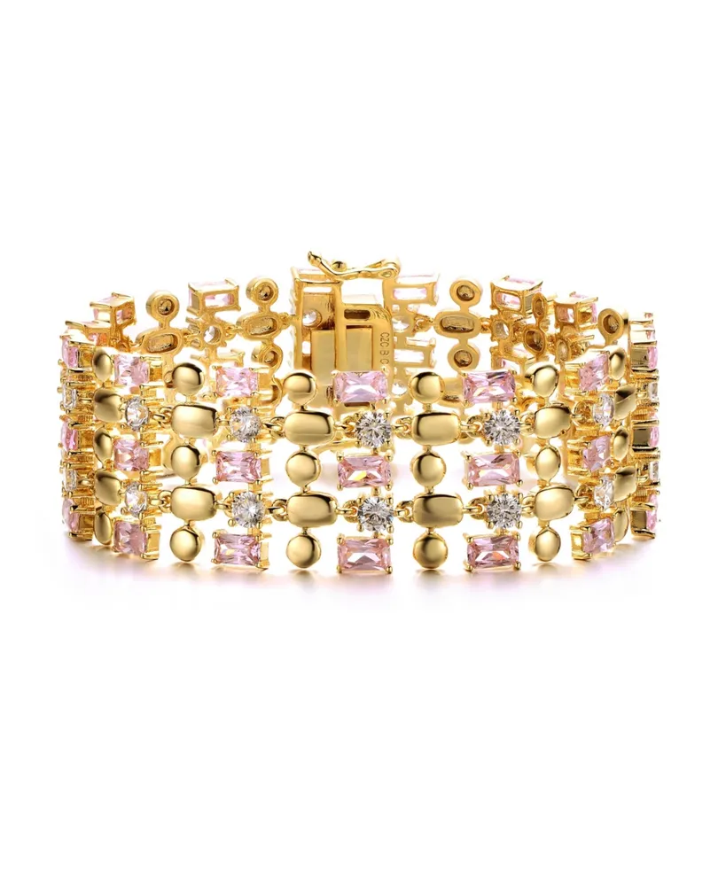 Rachel Glauber Exquisite 14K Gold-Plated Pink & Cubic Zirconia Geometric Mesh Link Bracelet