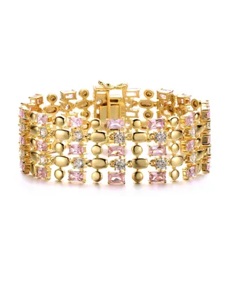 Rachel Glauber Exquisite 14K Gold-Plated Pink Morganite & Cubic Zirconia Geometric Mesh Link Bracelet