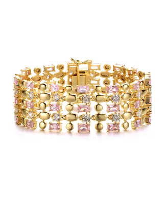 Rachel Glauber Exquisite 14K Gold-Plated Pink & Cubic Zirconia Geometric Mesh Link Bracelet