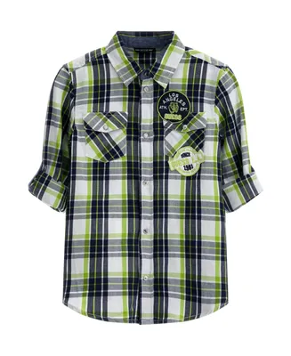 Guess Big Boys Embroidered Logo Patches Plaid Button Up Woven Shirt
