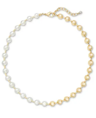 On 34th Gold-Tone Bead & Imitation Pearl Collar Necklace, 16" + 2" extender