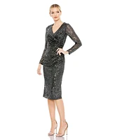 Women's Ieena Sequined Faux Wrap V Neck Long Sleeve Midi Dress