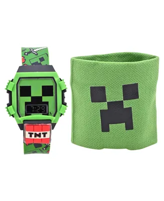 Accutime Kids Unisex Minecraft Creeper Green and Black Silicone Watch 36mm Set