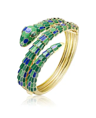 Rachel Glauber 14k Yellow Gold Plated with Emerald Cubic Zirconia Green & Blue Enamel 3D Serpent Coiled Bypass Wrapped Bangle Bracelet