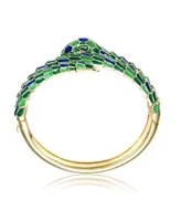 Rachel Glauber 14k Yellow Gold Plated with Emerald Cubic Zirconia Green & Blue Enamel 3D Serpent Coiled Bypass Wrapped Bangle Bracelet