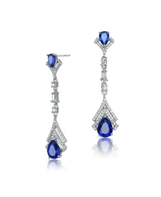 Genevive Sterling Silver With White Gold Plated Clear And Emerald Cubic Zirconia Double Haloed Drop Earrings