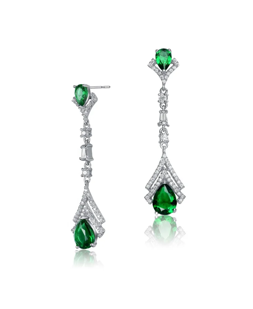 Genevive Sterling Silver With White Gold Plated Clear And Green Cubic Zirconia Double Haloed Drop Earrings