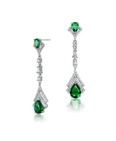 Genevive Sterling Silver With White Gold Plated Clear And Green Cubic Zirconia Double Haloed Drop Earrings